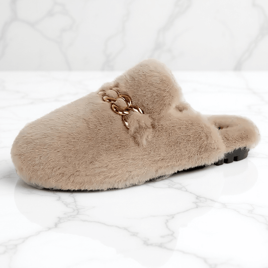 TeddyFinesse – Eleganta Faux-Fur Mule Tofflor med Guldkedja
